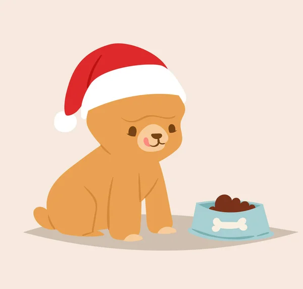 Noel köpek vektör sevimli çizgi köpek yavrusu karakterleri çizimde ev evcil hayvan köpek farklı Xmas kutlamak Noel Baba kırmızı şapkalı pozlar — Stok Vektör