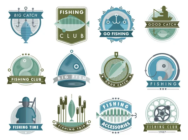 Conjunto de insignias vectoriales pegatinas en la captura de peces mariscos aventura pesca club tienda insignia vector ilustración — Vector de stock