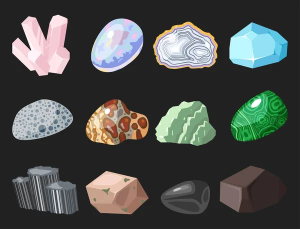 Piedras preciosas semi piedras preciosas y piedra mineral aislado dados colorido brillante vector cristalino ilustración — Archivo Imágenes Vectoriales