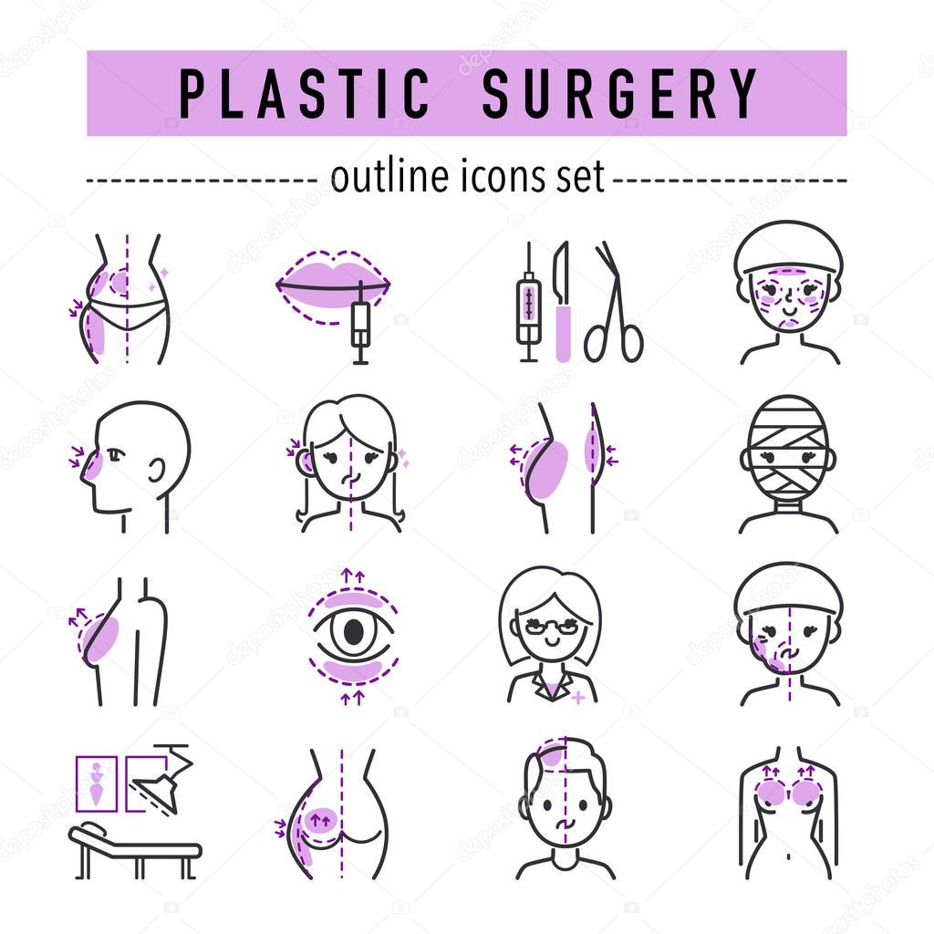Plastic surgery body parts face correction infographic icons anaplasty medicine skin treatment beauty health procedure vector illustration. Human patient medical surgeon person anatomy.