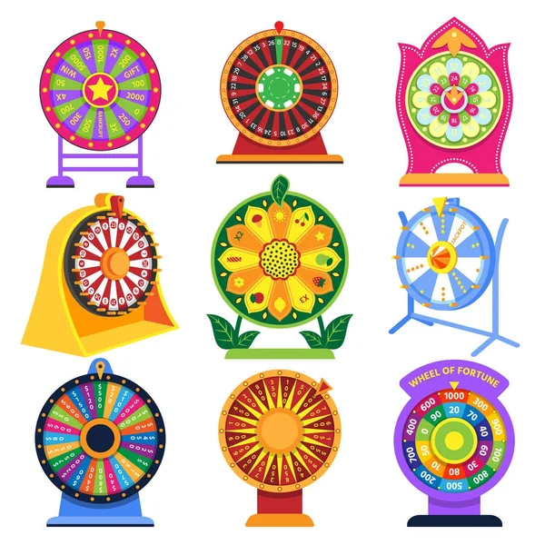 Fortuna rueda vector spin juego iconos ruleta suerte afortunada lotería de ruedas casino conjunto ilustración aislado sobre fondo blanco — Vector de stock