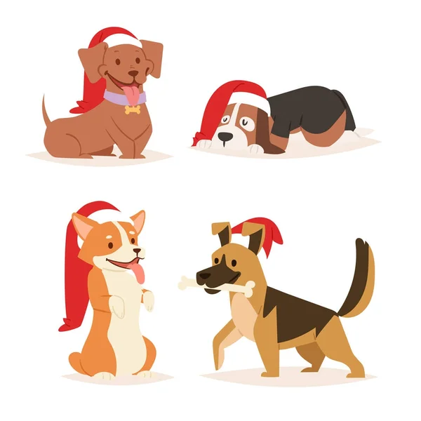 Natal vektor kartun lucu karakter anak anjing ilustrasi rumah hewan peliharaan doggy berbeda Natal merayakan pose di Santa Red Hat - Stok Vektor