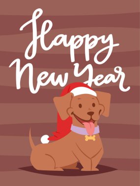 Noel 2018 köpek kart vektör sevimli çizgi film köpek yavrusu karakterleri çizimde ev evcil hayvan köpek Xmas baskı tasarımı web afiş kutlamak Noel Baba kırmızı şapka