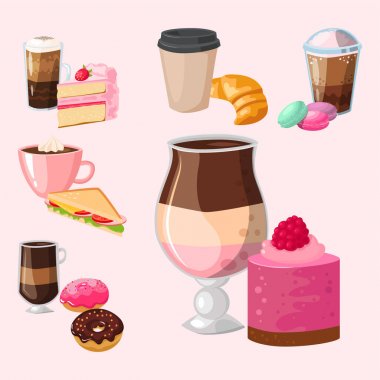 Tatlı Fındıklı kek lezzetli kek kahve fincanı sabah ekmek tatlı pasta taze içki kapuçino vektör çizim