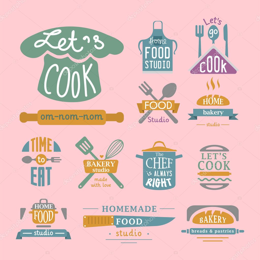 Cooking badge motivation text vector illustration bakery shop food logos typography and labels design elements. Tasty hight quality cafeteria menu vintage template emblem.