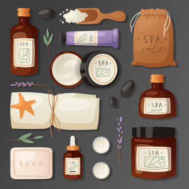 Paketi mockup doğal vücut bakım şişe tedavi hijyen ürün makyaj vektör çizim marka kozmetik spa.