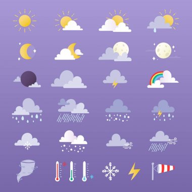 Hava simgeler vektör çizim ayarlayın. Güneş, bulut, yağmur, moon ve fırıldak