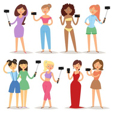 Selfie fotoğrafta smartphone hipster güzellik çizgi film kızlar fotoğraf karakterleri üzerinde vektör çizim portre genç çekici kadın.