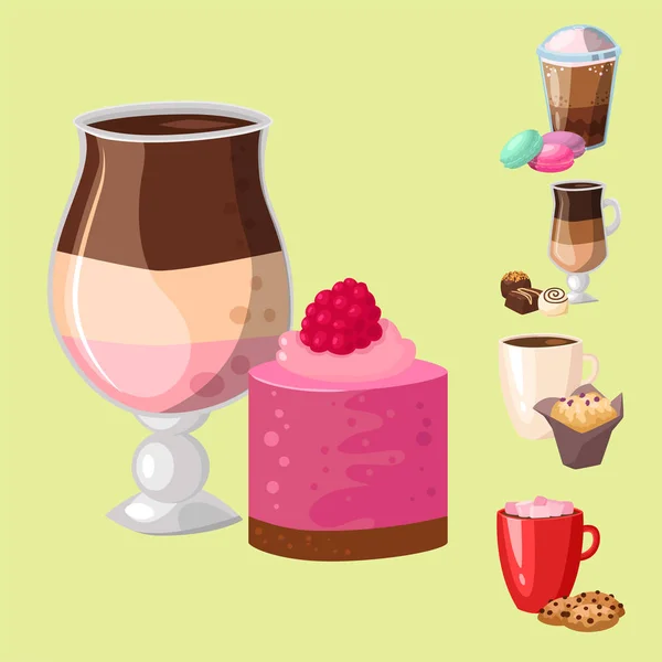 Сладкие ореховые кексы вкусный торт чашка кофе утренняя выпечка десерт выпечка свежий напиток векторная иллюстрация капучино — стоковый вектор