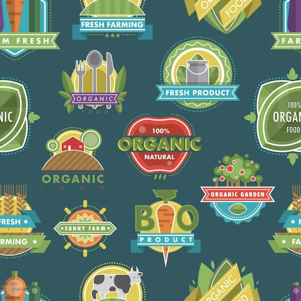 Fresco alimentos orgánicos veganos saludables logotipo naturaleza producto alimentos etiquetas y etiquetas vector sin costura patrón de fondo  . — Vector de stock