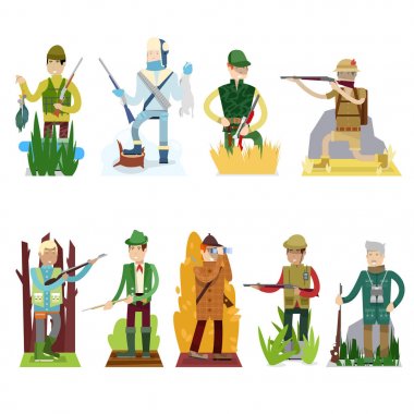 Avcı vektör av silahı orman çizgi film karakteri şapka Hunt ile tüfek veya av tüfeği illüstrasyon izole beyaz arka plan üzerinde set