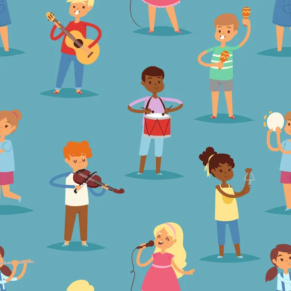 Música crianças vetor cartoon personagens conjunto de crianças cantando ou tocando instrumentos musicais guitarra, violino e flauta na infância kiddy ilustração sem costura padrão fundo —  Vetores de Stock