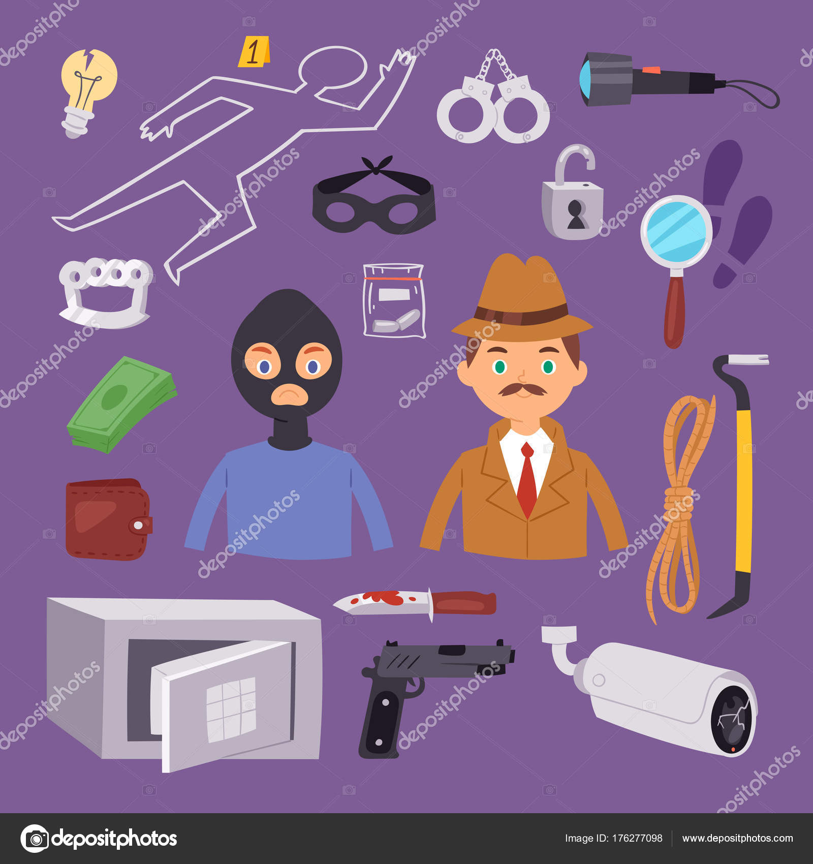 Criminal thief cartoon detective character design with equipment  investigator police man design vector illustration. Stock Vector Image by  ©VectorShow #176277098