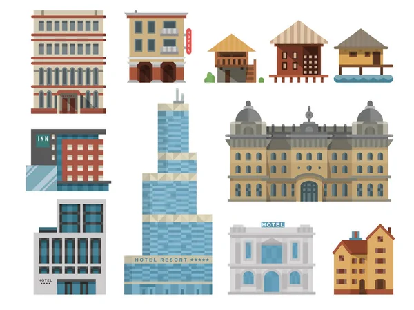 Різні будівлі готелі для туристів і валіз місця відпочинку квартира міський фасад міста Векторні ілюстрації . — стоковий вектор