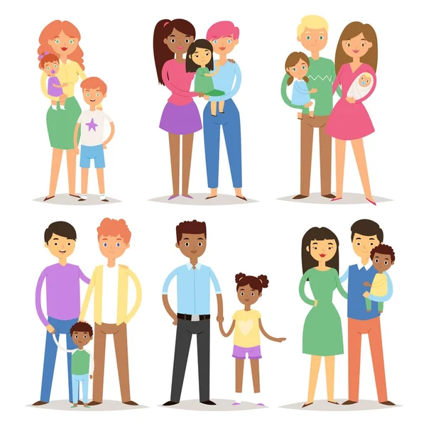 Feliz familia diferente parejas personajes madre padre bebé multinacional personas juntas vector ilustración . — Archivo Imágenes Vectoriales