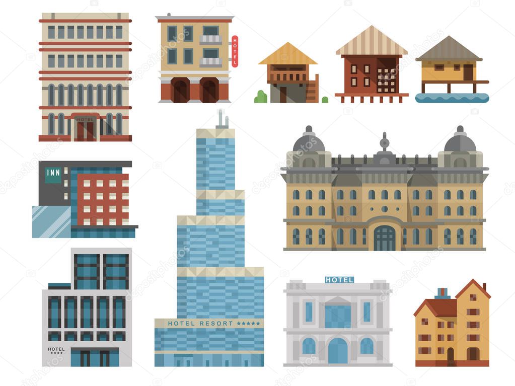 Different buildings hotels for tourist and travalers places vacation time apartment urban town facade vector illustration.