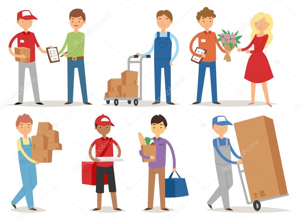 Delivery boy service workers couriers delivering man characters shop mailmen bringing packages holding boxes documents vector illustration.