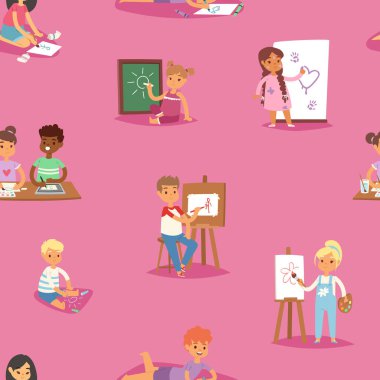 Sanatçı vektör yapma sanat yaratıcı genç sanatçı fırçaları ile boyama çocuk çocuklar ve boya okul çocukları çizgi film karakterleri Dikişsiz desen arka plan ayarlayın.