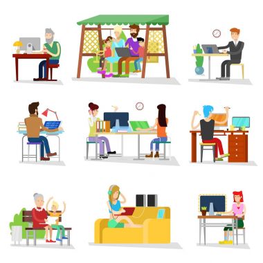 Vektör iş çalışan insanların çalışma veya office iş kadınları içinde laptop üzerinde çalışan kişi kişi ile birlikte çalışan illüstrasyon izole beyaz arka plan üzerinde bilgisayarda çalıştı
