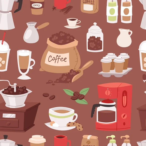 Dispositivos de la olla de dibujos animados de la bebida del café y taza del espresso de la cafetera de la bebida de la mañana, fondo inconsútil del patrón del producto de la cafeína de los postres — Vector de stock