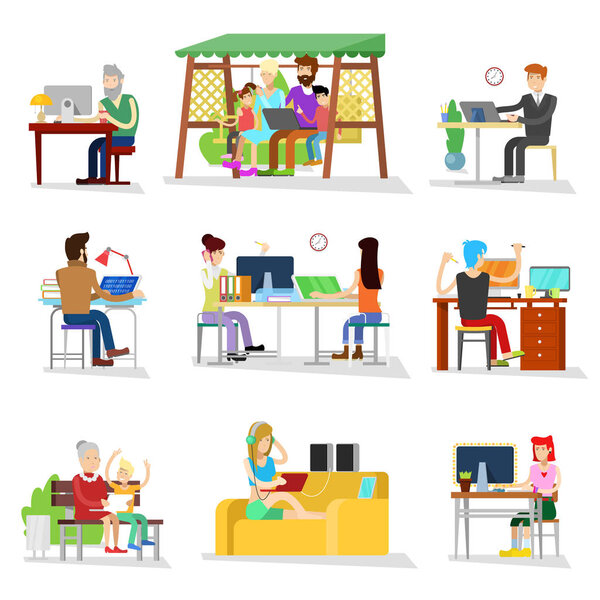 People work vector business worker or person working on laptop in office businesswomen worked people on computer with coworker illustration isolated on white background