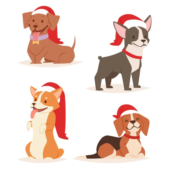 Christmas dog vector cute cartoon puppy characters illustration home pets doggy different Xmas celebrate poses in Santa Red Hat — Stock Vector
