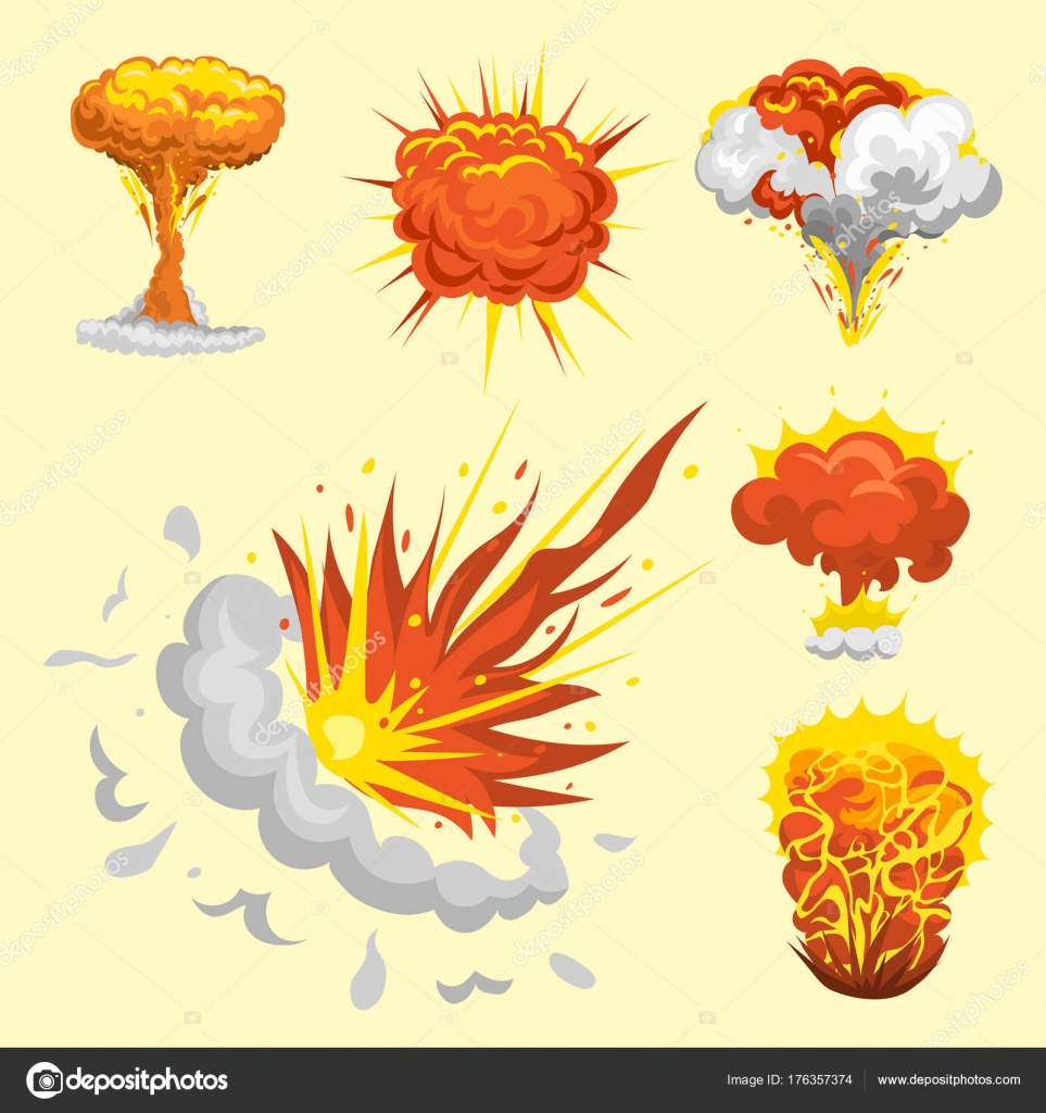 Explosion animation kit. Cartoon bomb detonation comic effect with