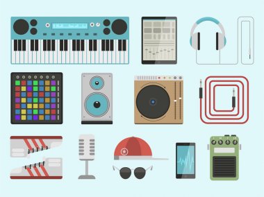 Hip hop Aksesuar müzisyen aletleri breakdance ifade rap müzik dj vektör çizim.