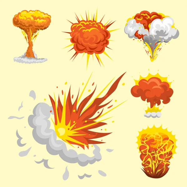 Kreslený výbuch boom efekt animace hry pohyblivých explodovat výbuch výbuch ohně komické plamen vektorové ilustrace. — Stockový vektor