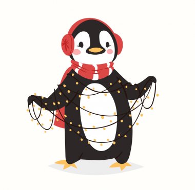 Noel penguen vektör karakter karikatür şirin kuş Xmas playfull mutlu penguen yüz gülümsemek illüstrasyon kutlamak