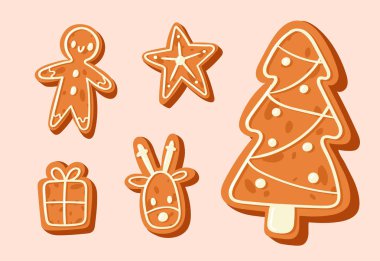Noel kek vektör tatlı tatlılar gıda geleneksel kek Xmas yemeği ve çay saati - ağaç, geyik, cakeman, bell, yıldız çizim