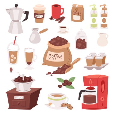 Kahve içecek karikatür pot aygıtlar ve sabah içecek kahve makinesi espresso fincan, tatlılar coffeine ürün vektör çizim
