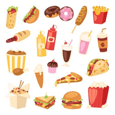 Karikatür lokanta sağlıksız burger sandviç, hamburger, pizza yemek Restoran Menü aperatif vektör çizim.