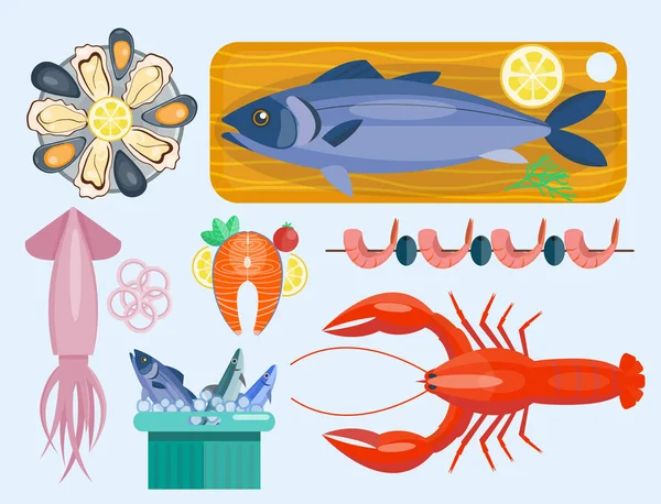 Čerstvé mořské plody plochý vektorové ilustrace rybí gurmán chutné vaření gurmánské moře jídlo jídlo v restauraci. — Stockový vektor