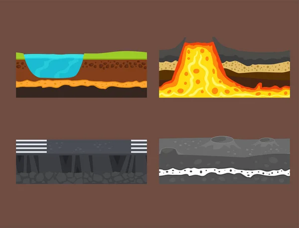 Ilustración de la sección transversal de tierra volcán país jardinería rodajas tierra pedazo naturaleza al aire libre vector . — Archivo Imágenes Vectoriales