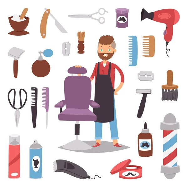 Fodrászatban fodrász szakáll csípő ember vektor karakter így fodrász szalon szépség barber shop haj ellátás tartozékok lapos kivitel illusztráció eszközök. — Stock Vector