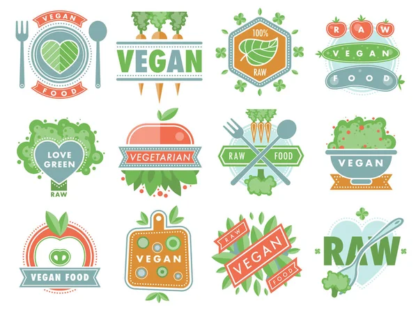 Bio vegan gesund nahrung eco restaurant logo abzeichen etiketten mit vegetarischer roher natur nahrung diät designs vektorillustration — Stockvektor