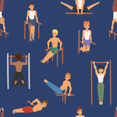 Karikatür yatay yapamadın sokak egzersiz güçlü atlet vektör adam spor yaparken egzersiz sokak sıkı çalışma bar tricks kas fitness sportman karakter Dikişsiz desen arka plan