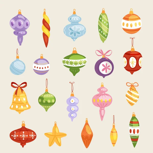 Los juguetes del árbol de Navidad vector decoraciones bolas, círculo, estrellas, campanas para decorar los juguetes del árbol de Navidad de Año Nuevo en las ramas ilustración — Archivo Imágenes Vectoriales