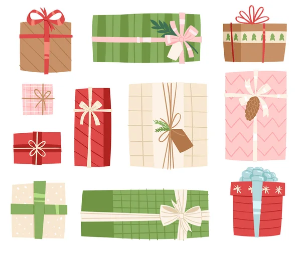 Подарочные коробки вектор подарок пакеты Рождество или День рождения плоская иллюстрация празднование подарка лук объект изолирован на заднем плане — стоковый вектор