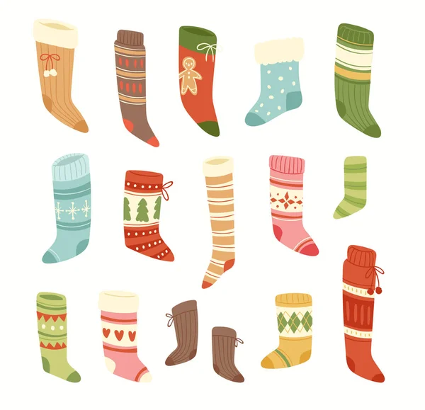 Navidad calcetines vector Santa Navidad regalo de Año Nuevo símbolo tradicional cristianos sey ilustración diferente textil diseño comida ropa — Archivo Imágenes Vectoriales