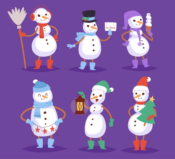 Bonhomme de neige vecteur mignon dessin animé hiver Noël personnage homme vacances joyeux Noël neige garçons et filles illustration — Image vectorielle