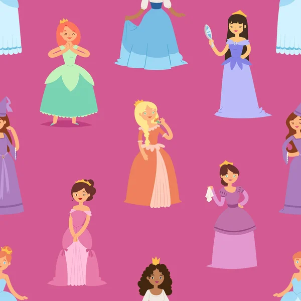 Rajzfilm lány vektor hercegnő karakterek különböző mese ruhák dress tündér nő aranyos adorble lányok illusztráció varrat nélküli mintát háttér — Stock Vector