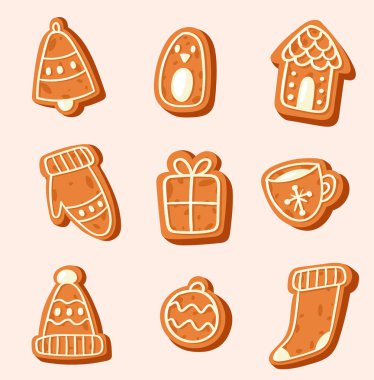 Noel kek tatlı tatlılar gıda geleneksel kek için Xmas akşam yemeği ve çay ağacı, çan, ev, çorap ve penguen illüstrasyon vektör