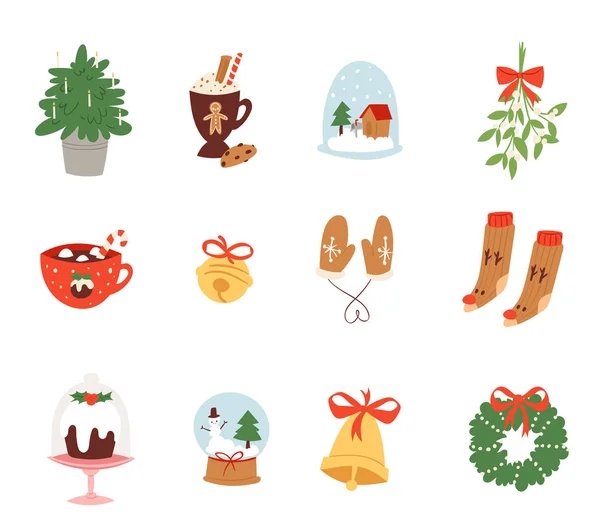 Iconos de Navidad vector de símbolos para la celebración de Año Nuevo decoración ilustración de símbolos de adornos festivos de Navidad . — Archivo Imágenes Vectoriales