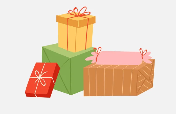 Boîtes cadeaux vectorielles empilent la composition du paquet de dessin animé pour l'accueil de l'événement Anniversaire ou Noël isolé sur illustration blanche — Image vectorielle