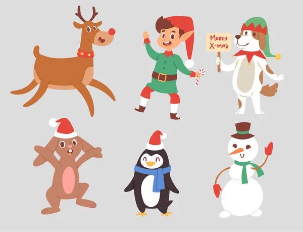Personnages vectoriels de Noël dessin animé mignon renne, lapin de Noël, Santa chien symbole du Nouvel An, elfe enfant garçon et pingouin illustration des caractéristiques individuelles — Image vectorielle