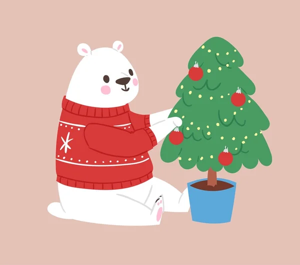 Polar urso branco vetor animal bonito beleza personagem engraçado estilo pose comemorar Natal Natal feriado ou Ano Novo grande urso animal — Vetor de Stock