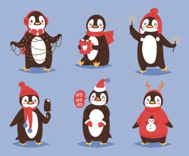 Noel penguen vektör karakter karikatür şirin kuş kutlamak Noel playfull mutlu penguen yüz gülümsemek illüstrasyon santa kırmızı şapka