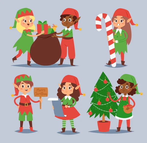 Weihnachten Elfen Kinder Vektor Kinder Weihnachtsmann Helfer Cartoon Elfen Jungen und Mädchen junge Charaktere Tracht gefeiert — Stockvektor
